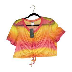 WILD FABLE Womens Mesh Drawstring Ruched Cover-up Crop Ombré Pink Yellow XL- 16
